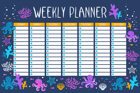 Weekly planner. Summer marine pattern with Octopuses, corals, starfish, algae, shells and fish. Red and blue. ocean dwellers. Flat style. Template design. Schedule for printing, calendar, study, work.のイラスト素材