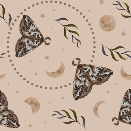 Moth, phases of the moon and stars, herbs. Seamless pattern, vector illustration in ethnic style. In earthy tones. magic, witchcraft, astrology, mysticism. For wallpaper, fabric, wrapping, background.のイラスト素材