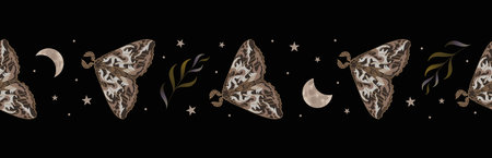 Moth, phases of the moon and stars, herbs. Seamless border, vector illustration. Night sky. Halloween, magic, witchcraft, astrology, mysticism. For wallpaper, fabric, wrapping, background.のイラスト素材