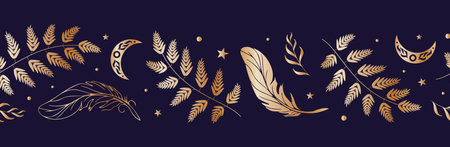 Magic seamless border. Moon, ferns, summer grasses, golden feathers, night sky, stars. Vector illustration. Halloween, witchcraft, astrology, mysticism. For wallpaper, fabric, wrapping, backgroundのイラスト素材