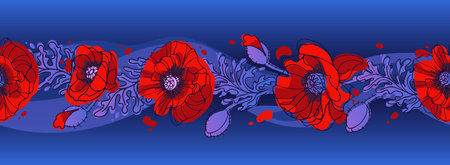 Psychedelic magic poppy border. 60s hippie, colorful flowers. Bright summer illustration in sketch style with papaver buds. For wallpaper, printing on fabric, wrapping.のイラスト素材