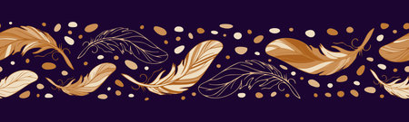 Golden feathers, phoenix, firebird. Feathers seamless bright ethnic border in boho style. Tribal theme, Indians, dream catchers, boho chic. For wallpaper, fabric, wrapping, backgroundのイラスト素材