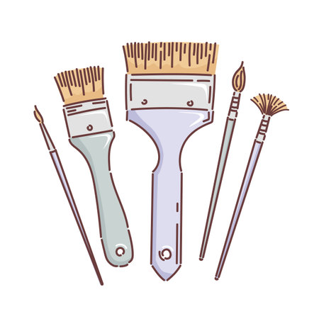 Set of types of artistic brushes. Round and flat, flute brush and fan. Vector illustration in doodle style. Painting supplies. For stickers, posters, postcards, design elementsのイラスト素材