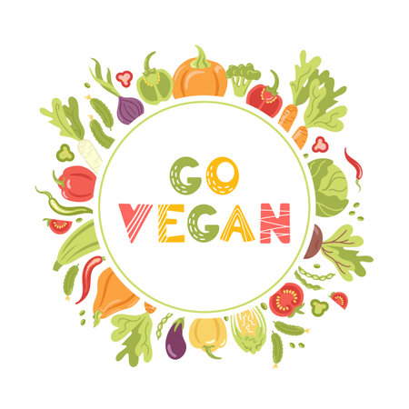 Go vegan. Round frame, wreath of fresh seasonal vegetables. Vector illustration in a flat style. Veganuary. Lettering in Scandinavian style. For advertising, website, poster, flyer.のイラスト素材