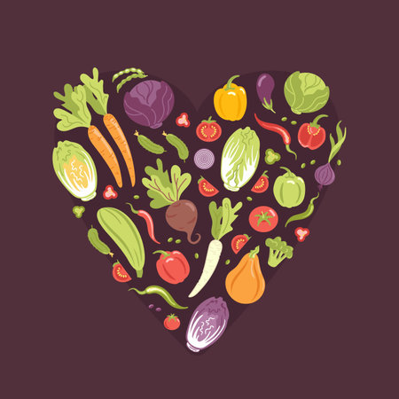 Seasonal vegetables in the form of a heart. Vegan Day. Harvesting. Veganuary. flat style. Various fresh vegetarian products. agriculture design elements. healthy lifestyle. For posters, banner, designのイラスト素材
