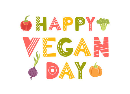 Happy vegan day. Banner in cartoon style. Fresh seasonal vegetables, harvesting. Pepper and broccoli, onion and pumpkin. Veganuary. flat style. Lettering in Scandinavian style. For website, flyer.のイラスト素材