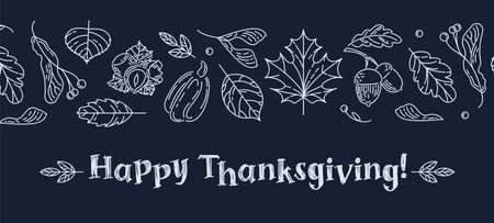 Happy Thanksgiving. Horizontal border made of colorful modern autumn leaf, seed, nuts and pumpkin. family traditions. Vintage illustration in doodle style, slate. For website, posters, postcards.のイラスト素材