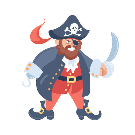 Angry pirate character in a cocked hat with a saber. A hook instead of a hand. Cartoon vector illustration armed male bandit sailor, fantasy marine villain with sword. Jolly Roger, eye patch.のイラスト素材