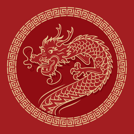Chinese New Year of the Wooden Dragon. Bright vector vintage banner with gold pattern, Asian style. Antique pattern. for poster, banner, flyer, advertisingのイラスト素材