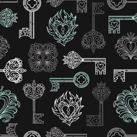 Vintage seamless pattern of keyholes and locks in Gothic style. Filigree, heart with crown, floral motif, leaves and herbs. Magical items, fantasy, boho. Halloween, Valentines Day. witchcraft.のイラスト素材