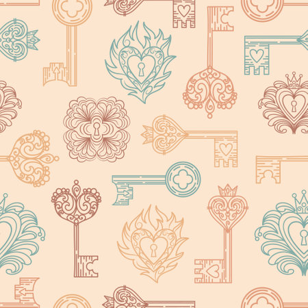 Vintage seamless pattern of keyholes and locks in Gothic style. Filigree, heart with crown, floral motif, leaves and herbs. Magical items, fantasy, boho. Halloween, Valentines Day. witchcraft.のイラスト素材