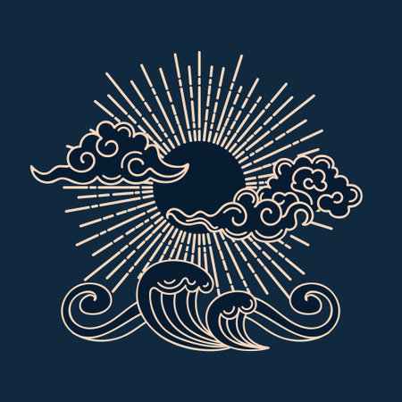 Sun, clouds and sea waves. Vector illustration in vintage Asian style. Graphic gold pattern. For posters, postcards, banners, design elements, printing on fabricのイラスト素材