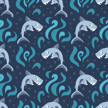 Cute shark pirate laughs. Anchor tattoo on fin. Children cartoon character. Adventures and travel, fleet. seamless pattern in flat style. For wallpaper, fabric, wrapping, background.のイラスト素材