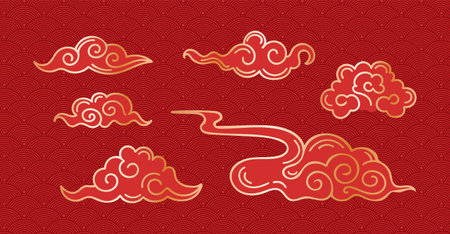 Set of clouds in Asian style. Gold on red. Vector vintage illustration. Fish scales background. Traditional cloud patterns in Chinese, Korean and Japanese oriental style. For stickers, design elementsのイラスト素材