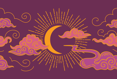 Moon and clouds in Asian style. Seamless border. Pink and gold. Vector vintage illustration. Traditional ornaments in Chinese, Korean and Japanese oriental style. For wallpaper, fabric, backgroundのイラスト素材