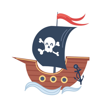 Cute Childrens pirate ship in cartoon style. Jolly Roger, adventures and travels. Vector flat illustration . For stickers, posters, postcards, design elements.のイラスト素材