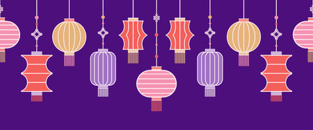 Horizontal seamless border of Chinese paper Hanging lantern Denglong. Good luck knot. Chinese New Year, Mid-Autumn Festival. Flat minimalistic geometric design. fabric, wrapping, background.のイラスト素材