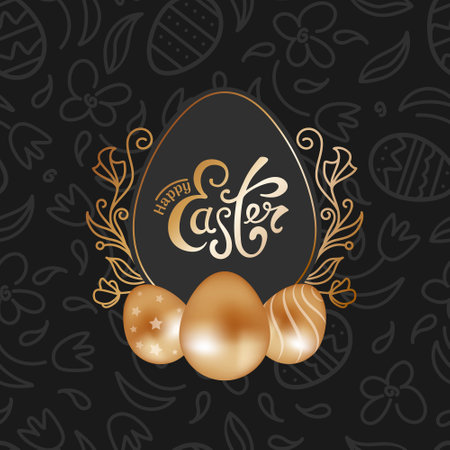 Happy Easter. Square black banner, shiny gold chocolate eggs in realistic style, spring flowers, doodle. Vintage lettering. Vector illustration for posters, cards, banners, fabric printing.のイラスト素材