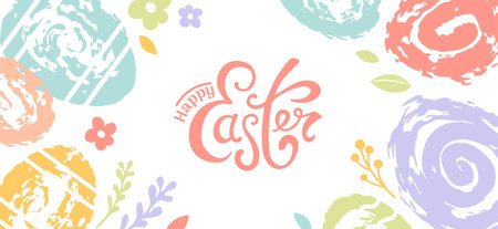 Bright horizontal vector banner colorful Easter chocolate eggs in abstract style. Grunge textures. spring flowers. For advertising banner, website, poster, sale flyer.のイラスト素材