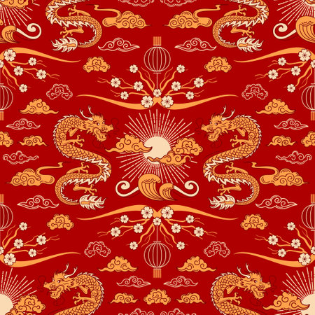 Seamless pattern Chinese New Year of the Wooden Dragon. Sun and clouds. Bright vector vintage illustration, Asian style. Paper lanterns, skaura flowers. For wallpaper, fabric, wrapping, background.のイラスト素材