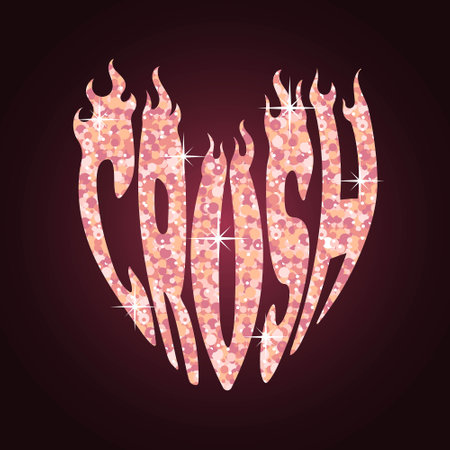 Crush. Sparkling inscription made of sparkles, in the shape of a heart. Flame on letters. for Valentines Day. Trendy color Peach Fuzz. Y2k style.のイラスト素材