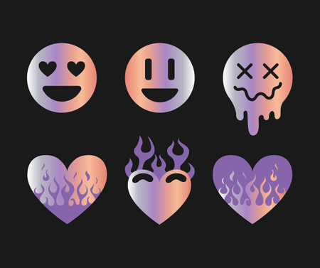 Metallic holographic Y2k sticker. Shining holographic gradient heart on fire, emoticons. Vector foil in 2000s style. Flame. Aesthetics of the 90s, 00s. Peach Fuzz. For stickers, design elements.のイラスト素材