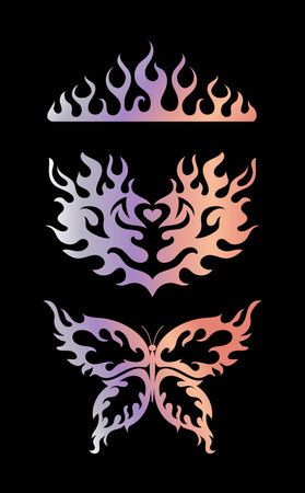 Set of metallic holographic Y2k stickers. Shining holographic gradient heart on fire, flame, butterfly. Vector foil in 2000s style. Aesthetics of the 90. Peach Fuzz. For stickers, design elements.のイラスト素材