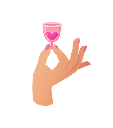 A womans hand holds a menstrual cup. Hygiene product. Women Health. Reasonable consumption. Reducing waste. Ecological, reusable. Female reproductive system, cycle. wellness, cartoon styleのイラスト素材
