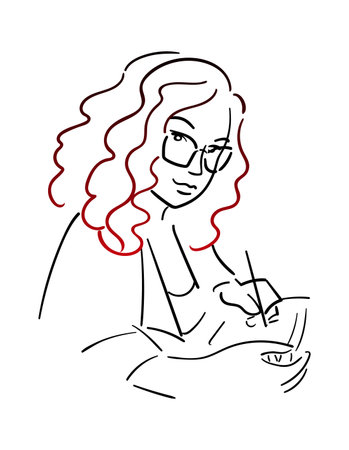 Modern working woman. curly Girl in glasses. Artist with a stylus. Student in class. Bright gradient hair. Lefty. Vector illustration in sketch style.のイラスト素材