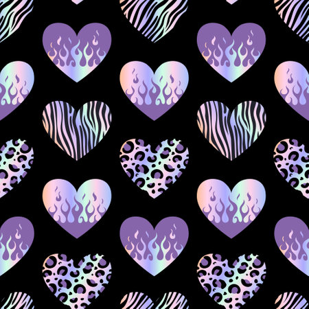 Metallic holographic Y2k sticker for Valentines Day. Seamless pattern. Shining gradient heart on fire, animalistic pattern. Zebra, leopard, tiger. foil in 2000s style. Flame. Aesthetics 90s, 00s.のイラスト素材