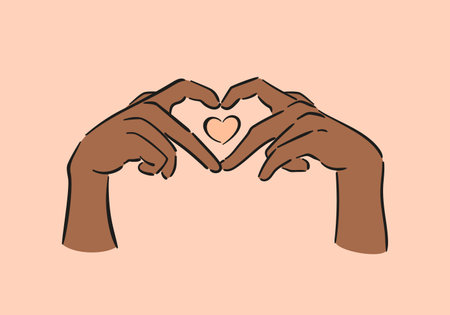 Finger Heart. Happy Valentines Day. Black hands. gesture depicting love. Vector illustration in a sketchy minimalistic style. For posters, postcards, website, banners, design elements. Peach Fuzzのイラスト素材