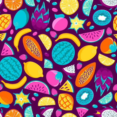 Tropical exotic fruits in neon colors. Seamless pattern in retro style, Y2k. Fresh lemon, lime,...