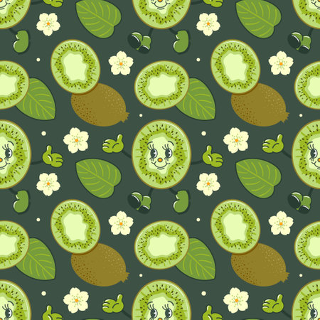 Kiwi a cute retro cartoon character. Groovy vintage summer seamless pattern. Trendy old style. 1970s. Tropical exotic fruits, Flowers and leaves. Healthy food. For menu, cafe, wallpaper. Veganuary.のイラスト素材