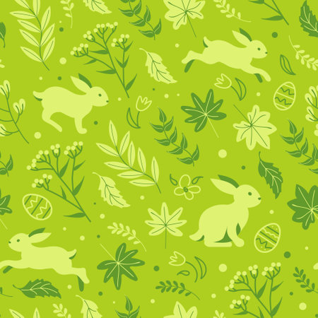 Charming rabbits are jumping in the spring meadow, happy easter. Seamless monochrome green pattern chocolate eggs, daisies and tulips. cartoon style. For wallpaper, printing on fabric, wrapping.のイラスト素材