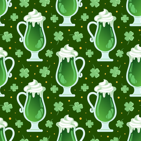 Seamless pattern of St. Patricks Day symbols. Green beer. Four-leaf clover. Good luck. Magic, religious traditions. For wallpaper, fabric, packaging, background.のイラスト素材