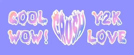 Metallic holographic Y2k sticker. Shining gradient inscriptions. 2000s style. Crush, inscription in the shape of a heart. Flame on letters, bubble gum. Aesthetics of the 90s, 00s. Peach Fuzzのイラスト素材
