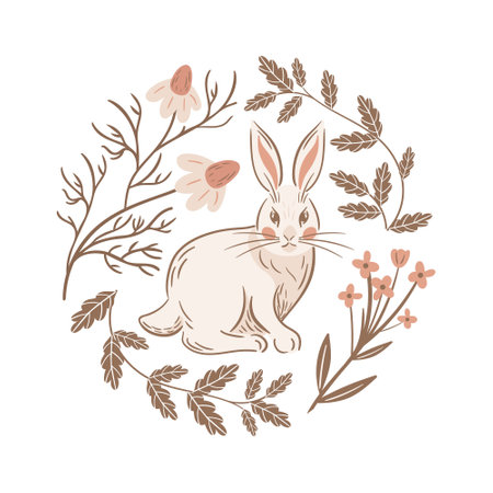 Sitting Easter bunny. Vintage blooming daisies, oak leaves, round frame. Stylized retro illustration. Boho, rustic style. For posters, cards, banners, design elements. Slavic folk flowers.のイラスト素材