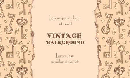 Horizontal vintage background. Torn craft paper, collage. pattern of keyholes and locks in Gothic style. Filigree, heart with crown. Magical items, fantasy, boho. Halloween, Valentines Day. witchcraftのイラスト素材