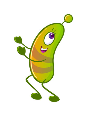 Cute monster is running. A green alien that looks like plankton or a microbe. Neon colors, Y2k, gradient, 2000s Cartoon illustration. Space flights, the future. Halloween stickers, design elements.のイラスト素材