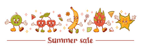 Summer sale. Tropical exotic fruits. Old retro cartoon characters. Groovy. Banana, watermelon, Cherry, pitahaya, star fruit. Horizontal banner in vintage style. For advertising, website, poster, flyerのイラスト素材