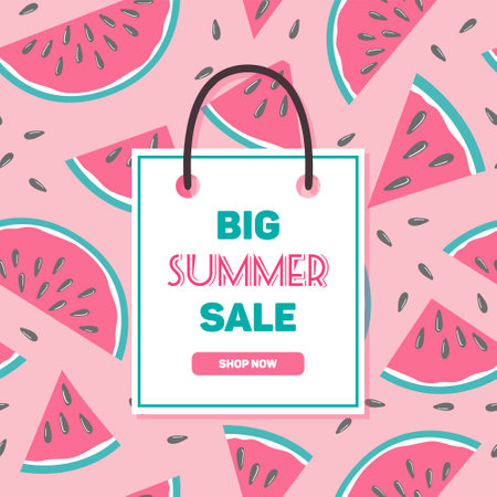 Big summer sale. Square banner in vintage style. Watermelon summer pattern in minimalistic style. Tropical fruits. Healthy food. Retro design. For advertising, website, poster, flyerのイラスト素材