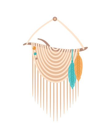 Macrame panels, boho. Handmade. Hobbies, interests. Interior design, decor. Wellness, meditation. Vector illustration in flat style. Lace, knots.のイラスト素材