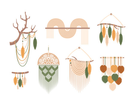 Macrame panels set, boho. Handmade. Hobbies, interests. Interior design, decor. Wellness, meditation. Vector illustration in flat style. Lace, knots. Feathers from threads, mandala, deer antlers.のイラスト素材