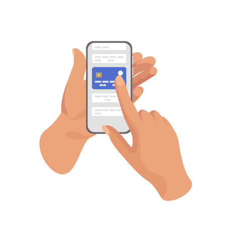 Online money transfer, banking applications. Hands with smartphones performing financial transactions. Credit cards, online shopping. Investments and finance, profit or benefit, trade. Economyのイラスト素材