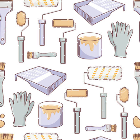 Repair and painting work, seamless pattern of brushes and rollers for painting. Cuvette for paints, gloves, a jar of enamel. Repair, building. Vector illustration doodle style. wallpaper, background.のイラスト素材