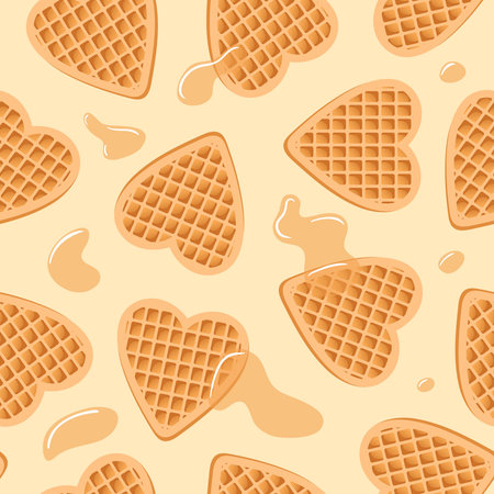 Seamless pattern of waffle hearts. Maple syrup or honey. Background on the theme of love, wedding and Valentines Day. Delicious soft sweets, realistic vector food illustration. menu, cafeのイラスト素材
