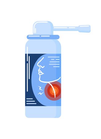 Spray for sore throat. Disease, woman silhouette, pain point. Vector illustration in flat style. Inflammation of the oropharynx, soreness. Medicine for treating coldsのイラスト素材