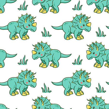Cute triceratops in Asian kawaii style seamless pattern. Dinosaur, prehistoric lizard, mascot. Cartoon character Funny vector illustration for wallpaper, fabric, wrapping, backgroundのイラスト素材