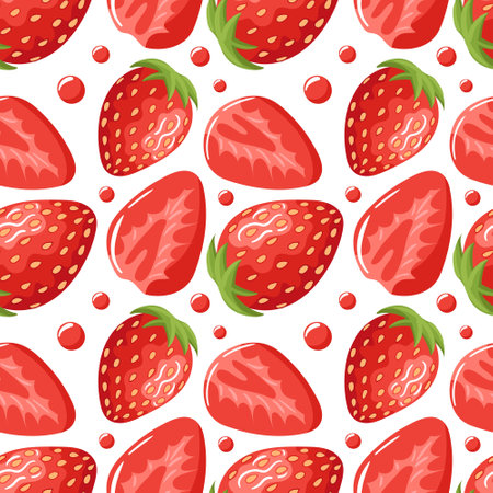 Strawberry, Sweet red fruits, cut in half, make a refreshing summer juice. Vector food illustration in realistic style. Summer time. Seamless pattern for wallpaper, fabric, wrapping, backgroundのイラスト素材