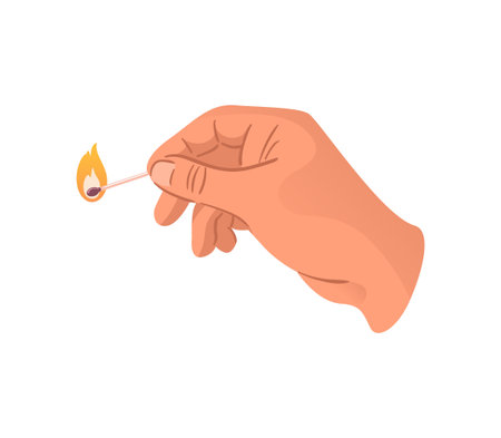 Burning match in hand. Combustion conceptual symbol. Hand drawn vector illustration in flat style. For sticker, poster, card, design elementのイラスト素材